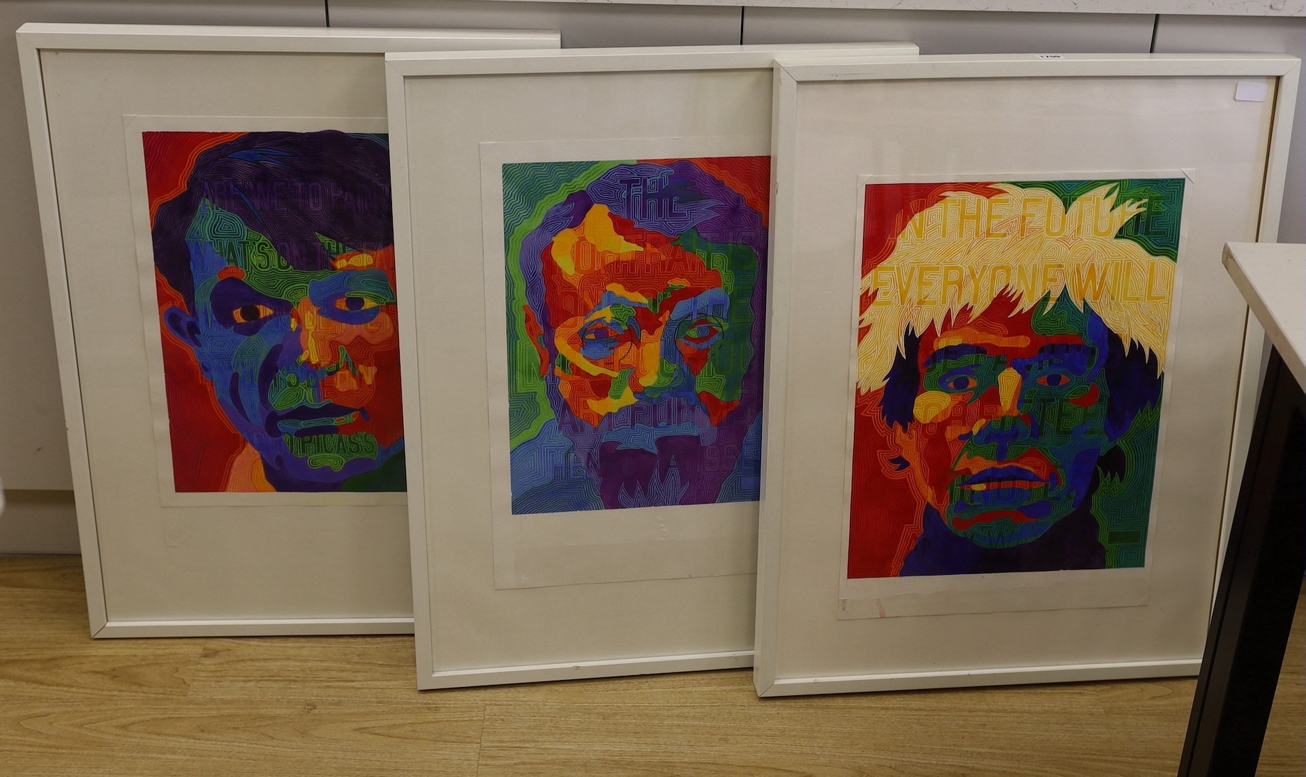 Modern British, three watercolours, 'Warhol 2013' and two similar works, indistinctly signed, 52 x 40cm